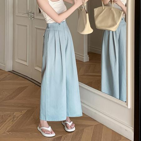 FA55795# 春夏新款天丝棉高腰显瘦设计感高腰长裤宽松阔腿九分休闲裤女 服裝批發女裝批發服飾貨源