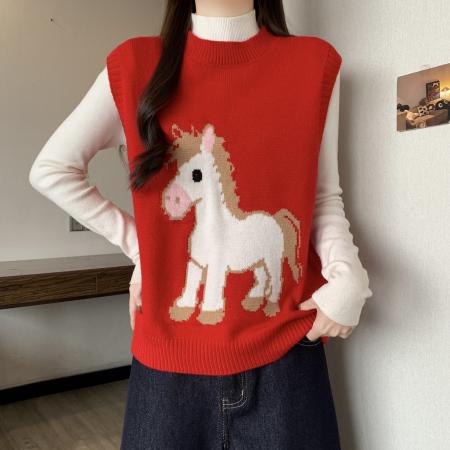 FA55796# 韩系马年小上衣叠穿针织马甲大码背心女新款减龄漂亮外穿毛衣 服裝批發女裝批發服飾貨源