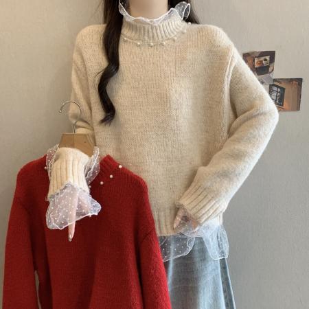 FA55797# 韩系温柔蕾丝花边拼接钉珠针织衫女春季百搭毛衣荷叶边上衣潮 服裝批發女裝批發服飾貨源