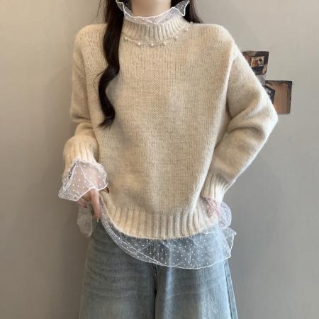 FA55797# 韩系温柔蕾丝花边拼接钉珠针织衫女春季百搭毛衣荷叶边上衣潮 服裝批發女裝批發服飾貨源