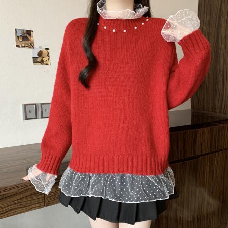 FA55797# 韩系温柔蕾丝花边拼接钉珠针织衫女春季百搭毛衣荷叶边上衣潮 服裝批發女裝批發服飾貨源