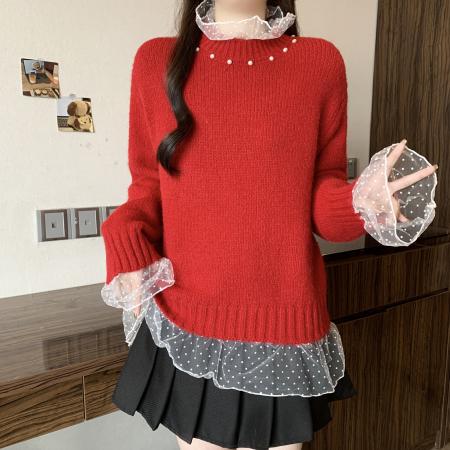 FA55797# 韩系温柔蕾丝花边拼接钉珠针织衫女春季百搭毛衣荷叶边上衣潮 服裝批發女裝批發服飾貨源