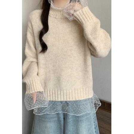 FA55797# 韩系温柔蕾丝花边拼接钉珠针织衫女春季百搭毛衣荷叶边上衣潮 服裝批發女裝批發服飾貨源