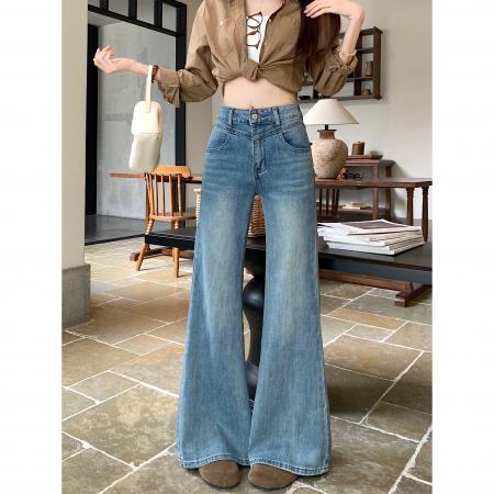 FA55798# 春季新款直筒微喇叭牛仔长裤女水洗设计感复古做旧大裤脚拖地裤子 服裝批發女裝批發服飾貨源