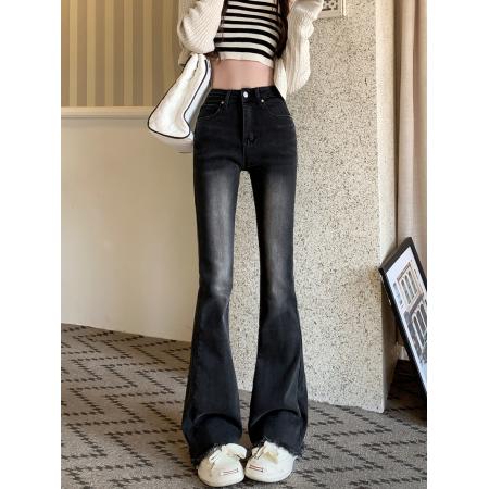 FA55800# 微喇叭牛仔长裤女修身显瘦弹力高腰水洗毛边长裤子 服裝批發女裝批發服飾貨源