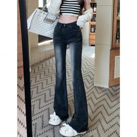 FA55800# 微喇叭牛仔长裤女修身显瘦弹力高腰水洗毛边长裤子 服裝批發女裝批發服飾貨源