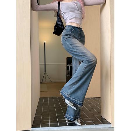 FA55801# 新款复古微喇叭牛仔长裤女设计感毛边阔脚拖地裤子 服裝批發女裝批發服飾貨源