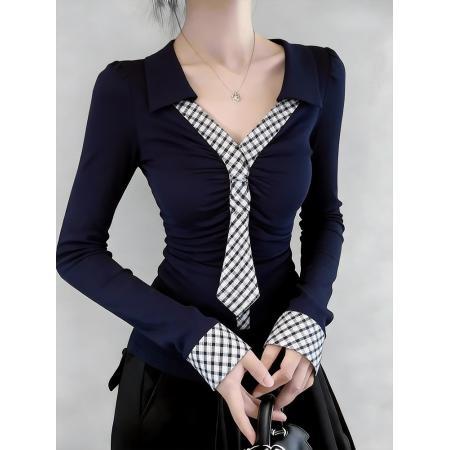 FA55802# 春秋复古格纹翻v领锁骨打底衫女内搭设计感甜辣妹掐腰长袖t恤上衣 服裝批發女裝批發服飾貨源