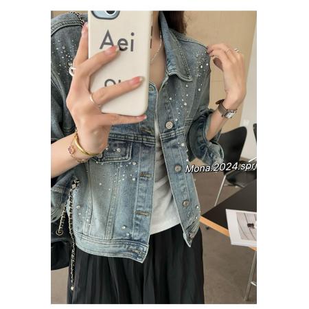 FA55804# MONA短款打钻牛仔外套女春装新款宽松韩版百搭夹克 服裝批發女裝批發服飾貨源