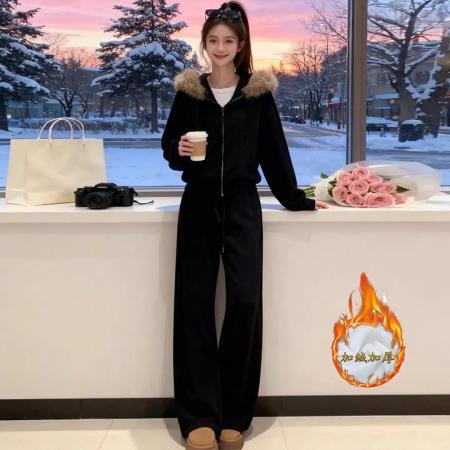 FA55805# 高级感时尚秋冬新款加绒显瘦外套女休闲套装阔腿裤两件套 服裝批發女裝批發服飾貨源