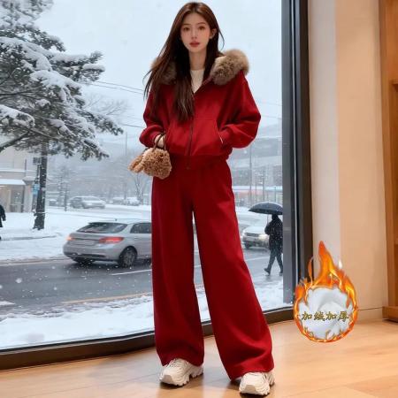 FA55805# 高级感时尚秋冬新款加绒显瘦外套女休闲套装阔腿裤两件套 服裝批發女裝批發服飾貨源