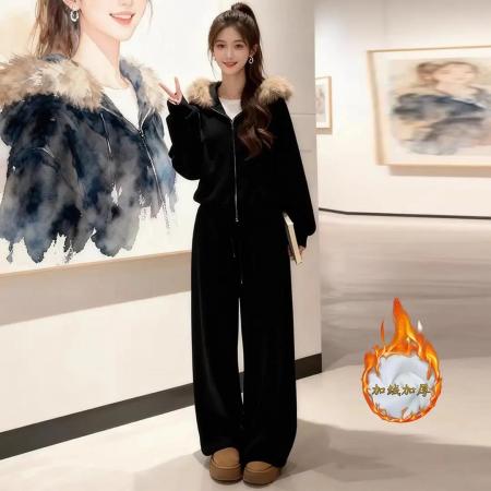 FA55805# 高级感时尚秋冬新款加绒显瘦外套女休闲套装阔腿裤两件套 服裝批發女裝批發服飾貨源