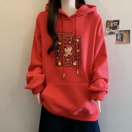 FA55811# 马年本命年衣服红色连帽卫衣女秋冬新款爆款加绒加厚女装上衣 服裝批發女裝批發服飾貨源
