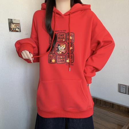 FA55811# 马年本命年衣服红色连帽卫衣女秋冬新款爆款加绒加厚女装上衣 服裝批發女裝批發服飾貨源