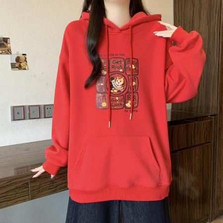 FA55811# 马年本命年衣服红色连帽卫衣女秋冬新款爆款加绒加厚女装上衣 服裝批發女裝批發服飾貨源