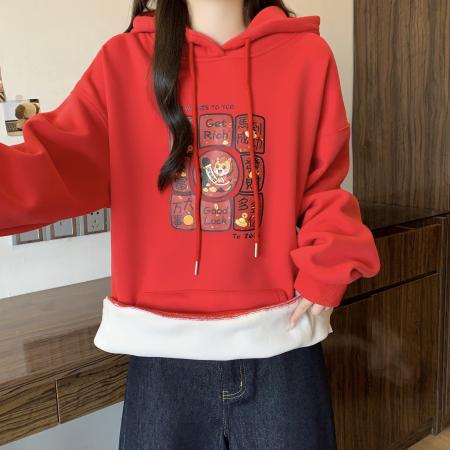 FA55811# 马年本命年衣服红色连帽卫衣女秋冬新款爆款加绒加厚女装上衣 服裝批發女裝批發服飾貨源