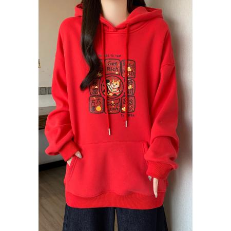 FA55811# 马年本命年衣服红色连帽卫衣女秋冬新款爆款加绒加厚女装上衣 服裝批發女裝批發服飾貨源