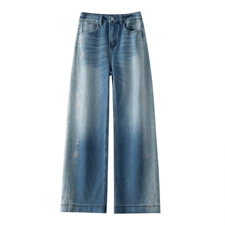 FA55812# 渐变烫钻阔腿牛仔裤女春秋季新款宽松显瘦蝴蝶刺绣直筒裤 服裝批發女裝批發服飾貨源