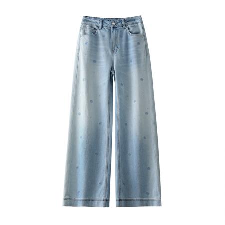 FA55814# 满天星烫钻阔腿牛仔裤女春季新款高腰宽松遮肉撞色直筒裤 服裝批發女裝批發服飾貨源
