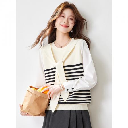 FA55823# 今年流行漂亮的衬衫袖拼接针织衫上衣女早春新款休闲宽松小衫 服裝批發女裝批發服飾貨源