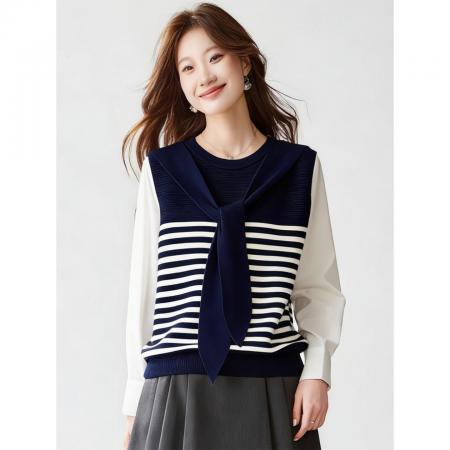 FA55823# 今年流行漂亮的衬衫袖拼接针织衫上衣女早春新款休闲宽松小衫 服裝批發女裝批發服飾貨源