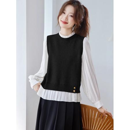 FA55824# 假两件衬衫拼接针织衫女秋季新款设计感超火减龄早秋长袖上衣 服裝批發女裝批發服飾貨源