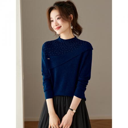 FA55825# 新款秋冬季超好看的烫钻针织上衣女薄款半高领内搭毛衣打底衫 服裝批發女裝批發服飾貨源