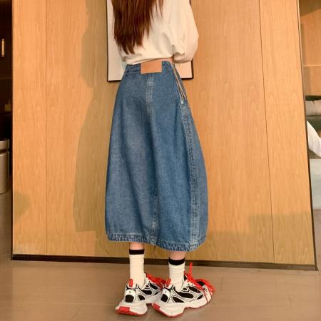 FA55826# 春季新品设计感通勤廓形感拉链牛仔花苞半身裙长裙女 服裝批發女裝批發服飾貨源