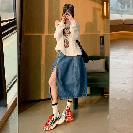 FA55826# 春季新品设计感通勤廓形感拉链牛仔花苞半身裙长裙女 服裝批發女裝批發服飾貨源