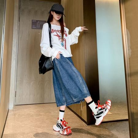 FA55826# 春季新品设计感通勤廓形感拉链牛仔花苞半身裙长裙女 服裝批發女裝批發服飾貨源