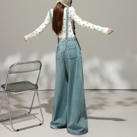 FA55827# 减龄牛仔背带阔腿裤女秋季新款宽松休闲韩版显瘦拖地直筒裤子 服裝批發女裝批發服飾貨源