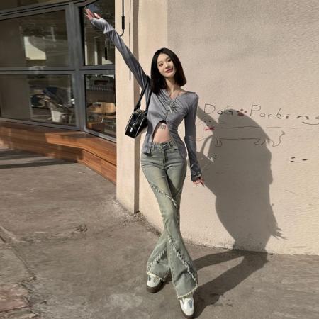 FA55828# 复古水洗高腰层次感设计毛边辣妹显高拖地喇叭裤 服裝批發女裝批發服飾貨源