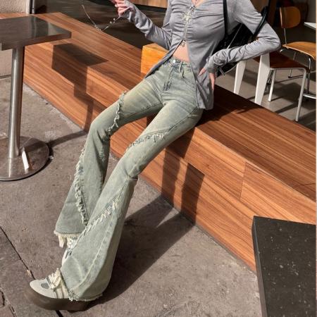 FA55828# 复古水洗高腰层次感设计毛边辣妹显高拖地喇叭裤 服裝批發女裝批發服飾貨源