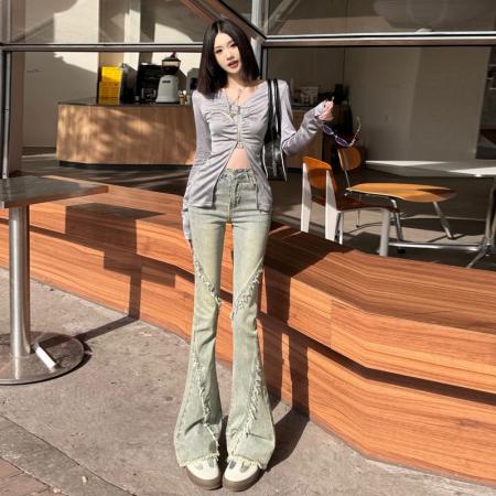 FA55828# 复古水洗高腰层次感设计毛边辣妹显高拖地喇叭裤 服裝批發女裝批發服飾貨源