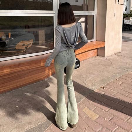 FA55828# 复古水洗高腰层次感设计毛边辣妹显高拖地喇叭裤 服裝批發女裝批發服飾貨源