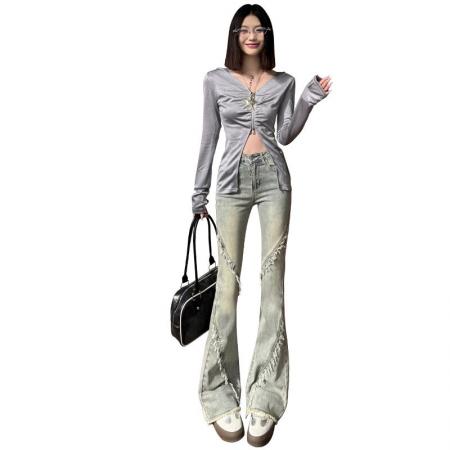 FA55828# 复古水洗高腰层次感设计毛边辣妹显高拖地喇叭裤 服裝批發女裝批發服飾貨源