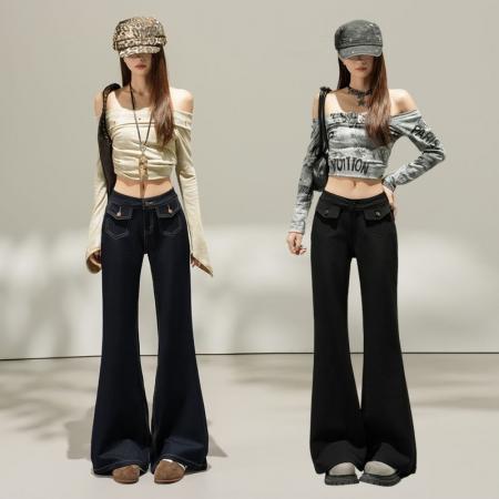 FA55829# 质感原色｜美式低腰双口袋微喇牛仔裤包臀修身显瘦百搭女长裤 服裝批發女裝批發服飾貨源