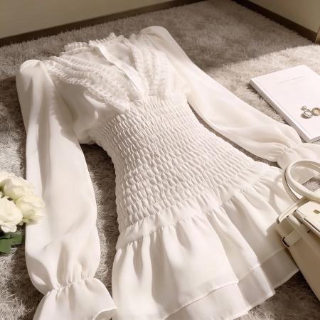 FA55831# 秋季荷叶边长袖雪纺衬衫连衣裙夏季褶皱气质高级感收腰仙女短裙子 服裝批發女裝批發服飾貨源