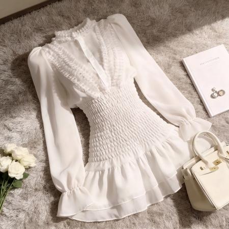 FA55831# 秋季荷叶边长袖雪纺衬衫连衣裙夏季褶皱气质高级感收腰仙女短裙子 服裝批發女裝批發服飾貨源