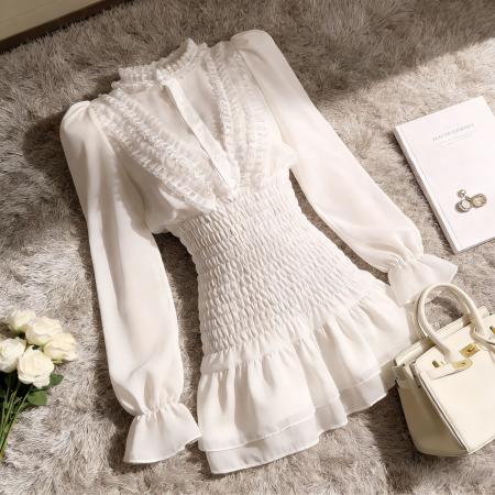 FA55831# 秋季荷叶边长袖雪纺衬衫连衣裙夏季褶皱气质高级感收腰仙女短裙子 服裝批發女裝批發服飾貨源