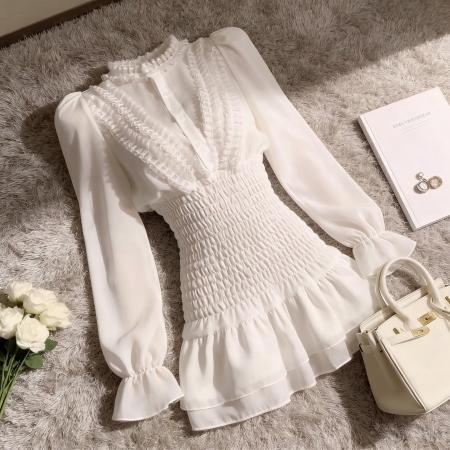 FA55831# 秋季荷叶边长袖雪纺衬衫连衣裙夏季褶皱气质高级感收腰仙女短裙子 服裝批發女裝批發服飾貨源