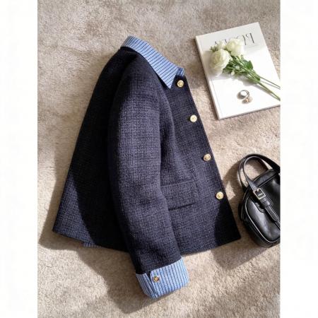 FA55832# 大码韩系温柔小香风女春秋新款单排扣假两件外套显瘦气质上衣 服裝批發女裝批發服飾貨源