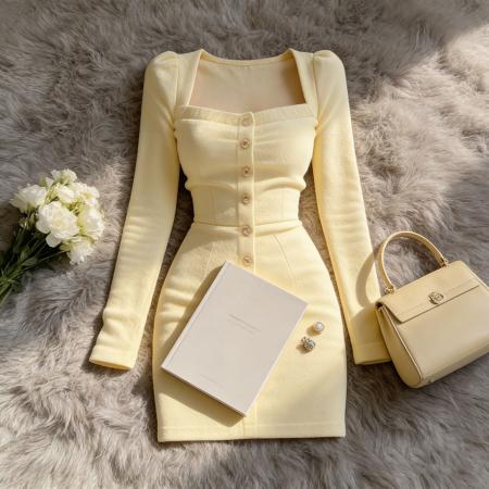 FA55833# 气质御姐风方领单排扣长袖连衣裙女轻奢高级感名媛收腰显瘦包臀裙 服裝批發女裝批發服飾貨源