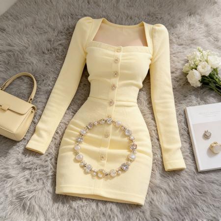 FA55833# 气质御姐风方领单排扣长袖连衣裙女轻奢高级感名媛收腰显瘦包臀裙 服裝批發女裝批發服飾貨源