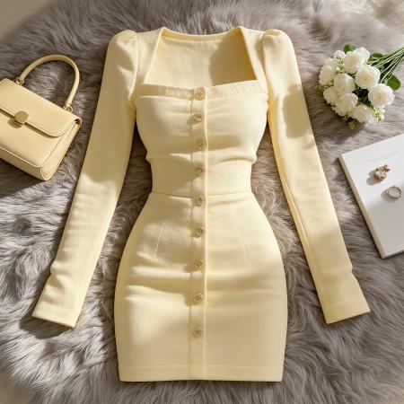 FA55833# 气质御姐风方领单排扣长袖连衣裙女轻奢高级感名媛收腰显瘦包臀裙 服裝批發女裝批發服飾貨源