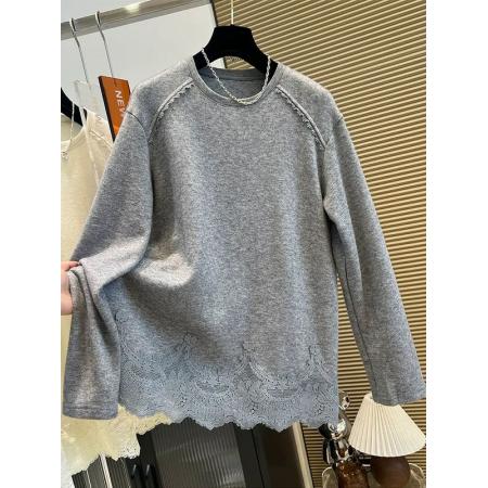 FA55835# 德绒特大码300斤韩系气质蕾丝花边拼接德绒长袖T恤女秋冬 服裝批發女裝批發服飾貨源