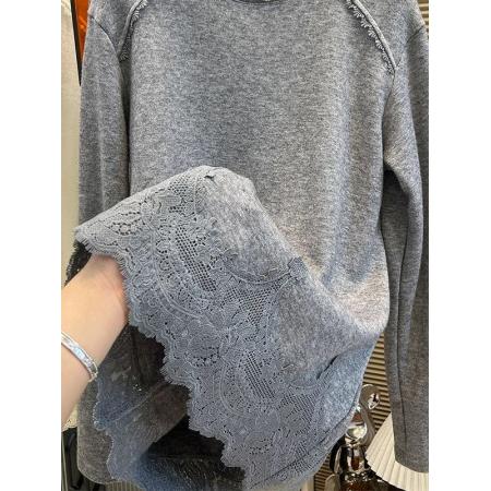 FA55835# 德绒特大码300斤韩系气质蕾丝花边拼接德绒长袖T恤女秋冬 服裝批發女裝批發服飾貨源