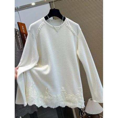 FA55835# 德绒特大码300斤韩系气质蕾丝花边拼接德绒长袖T恤女秋冬 服裝批發女裝批發服飾貨源