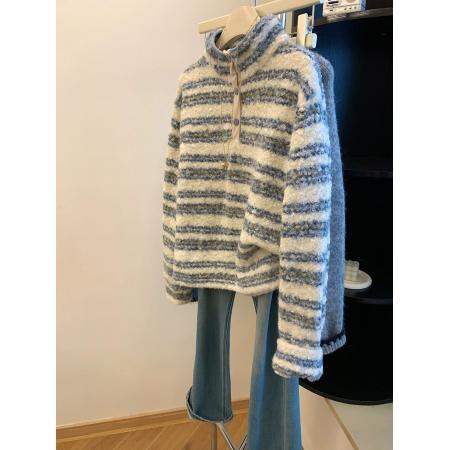 FA55836# 原版面料特大码300斤蓝色条纹半高领仿羊羔圈圈毛卫衣女 服裝批發女裝批發服飾貨源