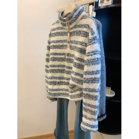 FA55836# 原版面料特大码300斤蓝色条纹半高领仿羊羔圈圈毛卫衣女 服裝批發女裝批發服飾貨源